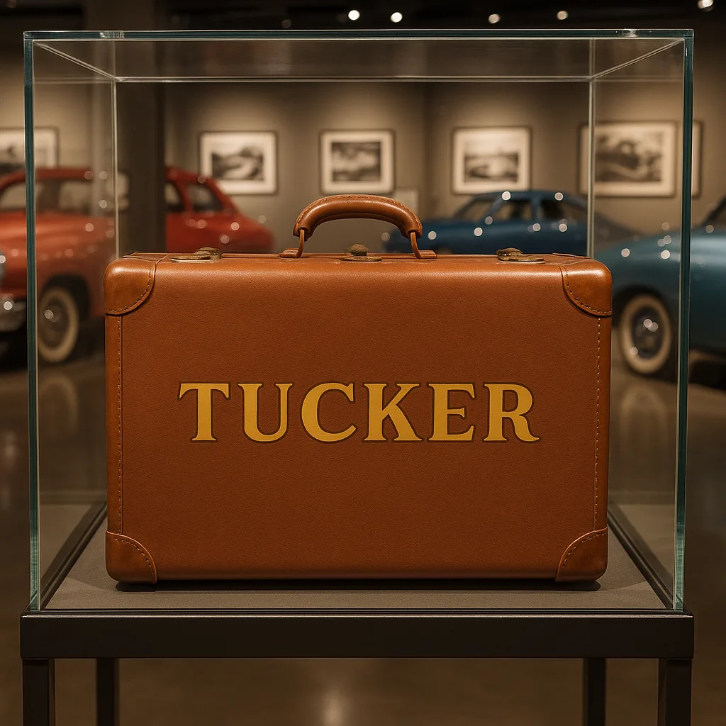 Vintage Tucker Luggage Piece Displayed in a Glass Case