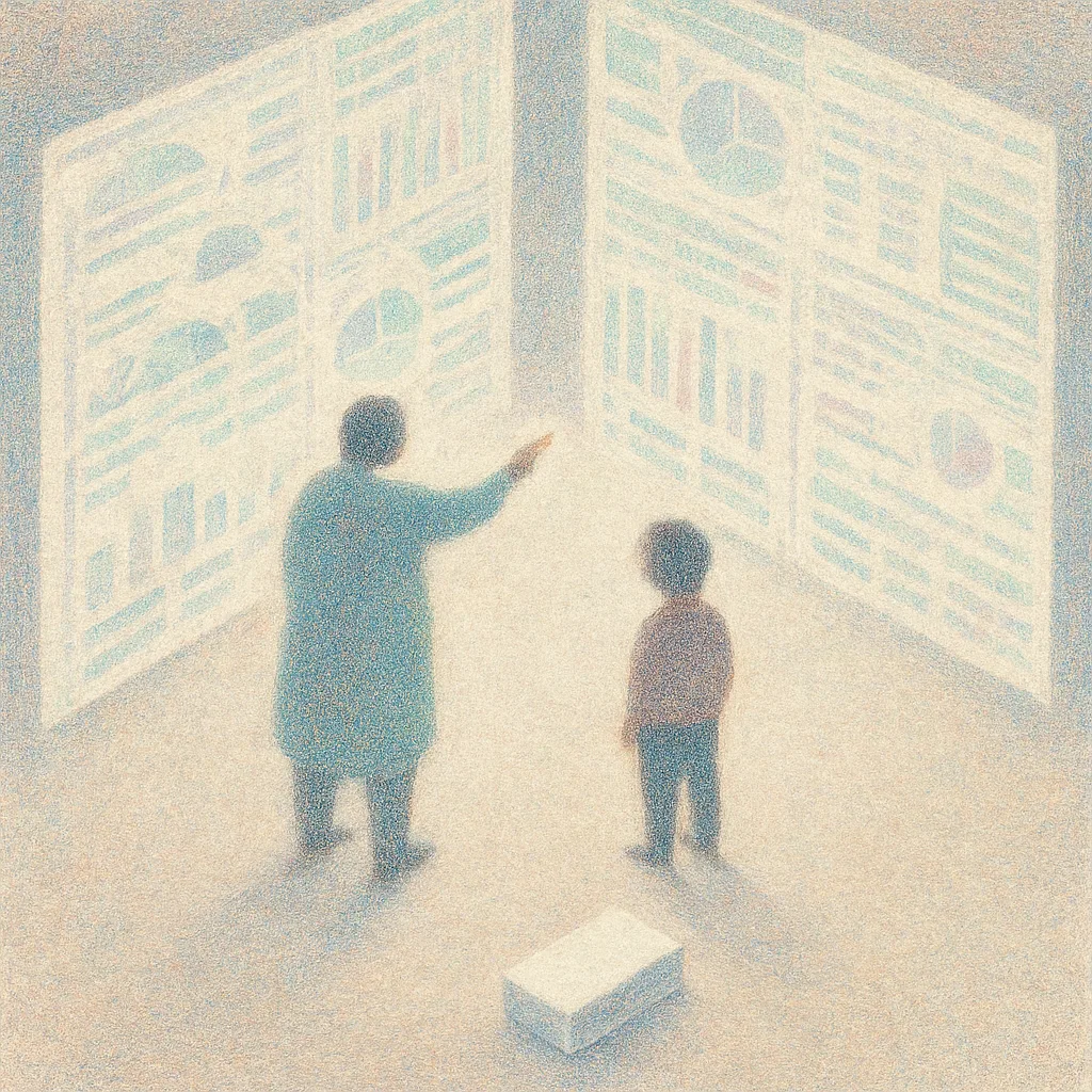 Two Diminutive Figures—a Noticeably Larger Caregiver Form Clad in Broadly