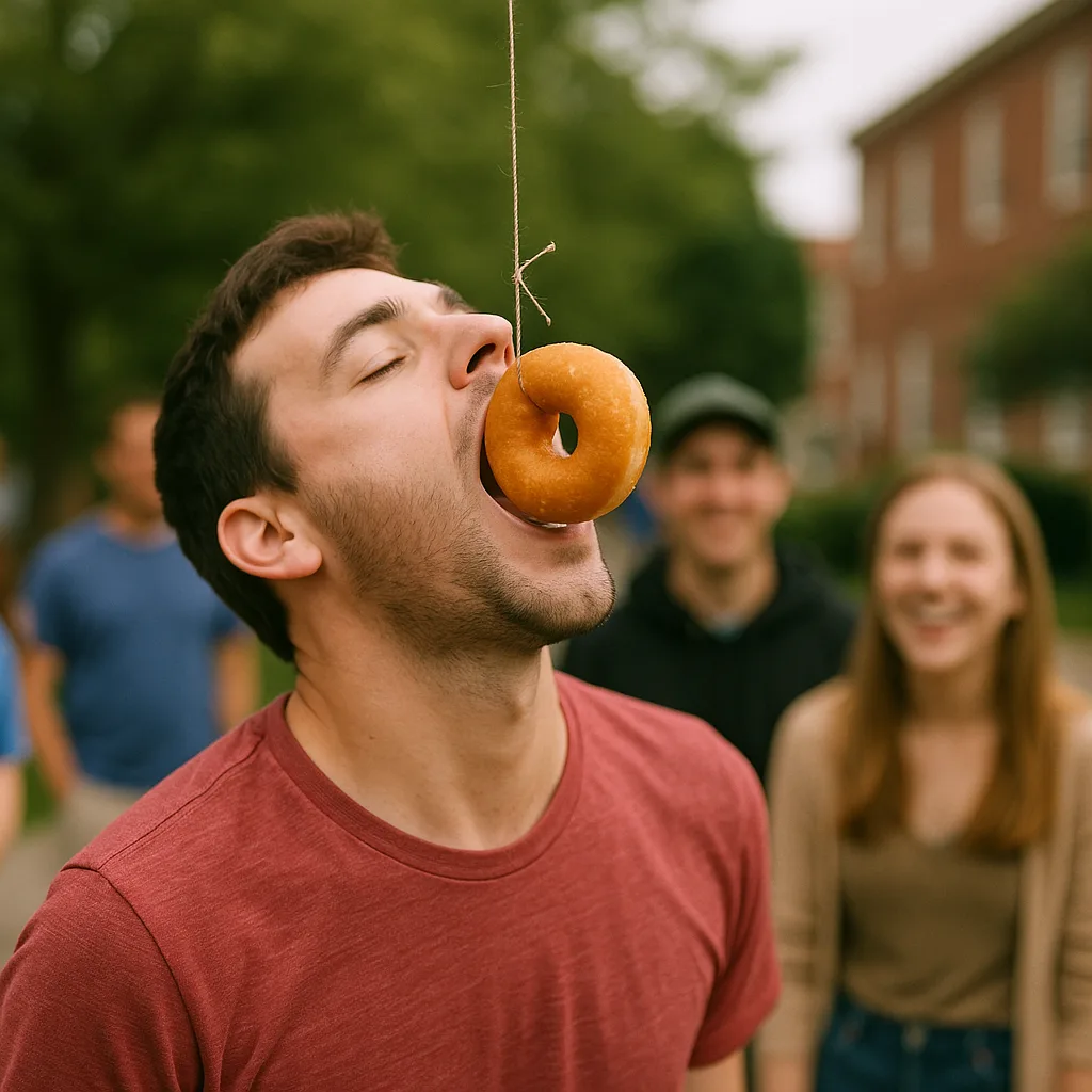 Person Participates in a Game to Eat a Donut