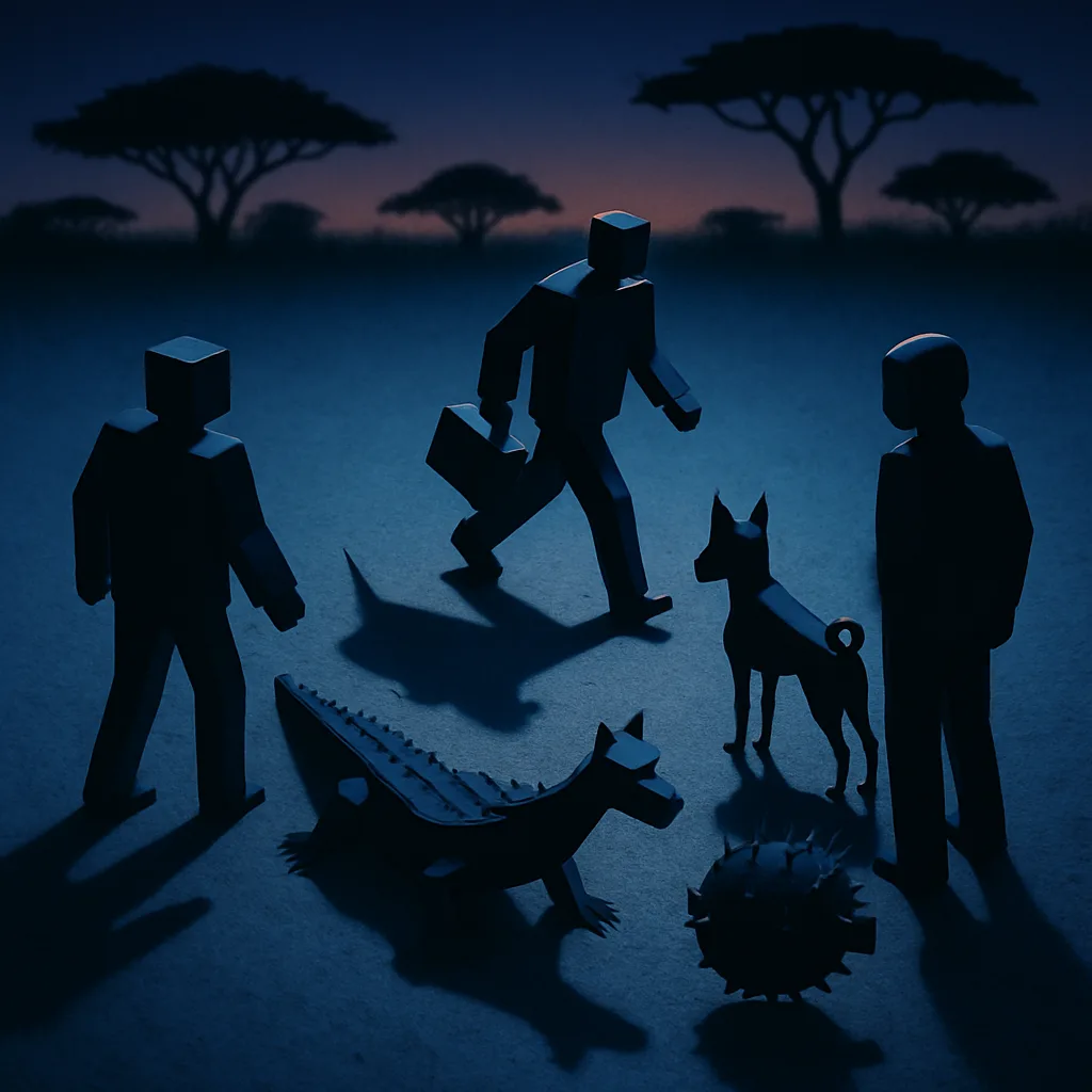 Selective Cool Top-down Twilight Dramatically Reveals Three Blocky Humans—one Still