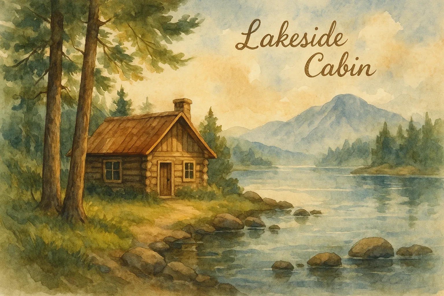 Peaceful Lakeside Cabin Scene Guided by the Following JSON Attributes