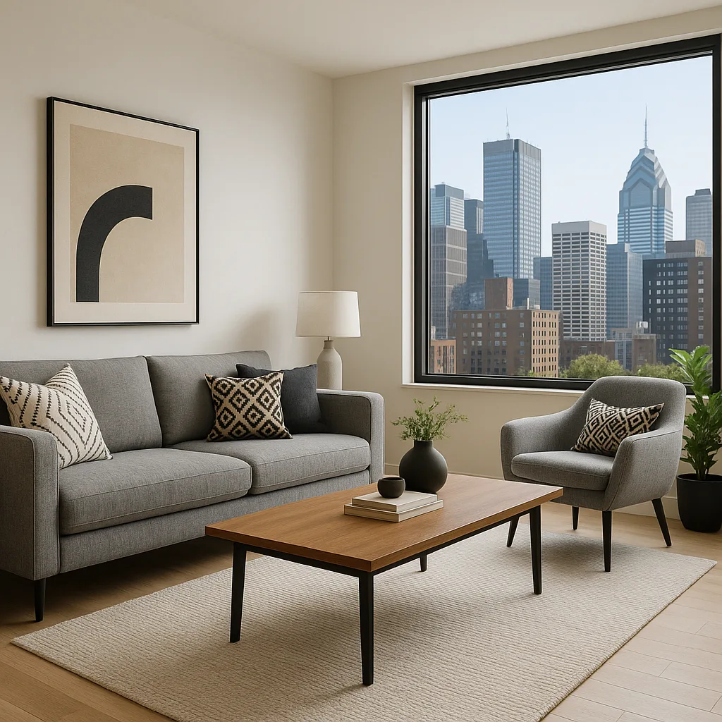 Modern Living Room Featuring Gray Upholstered Furniture
