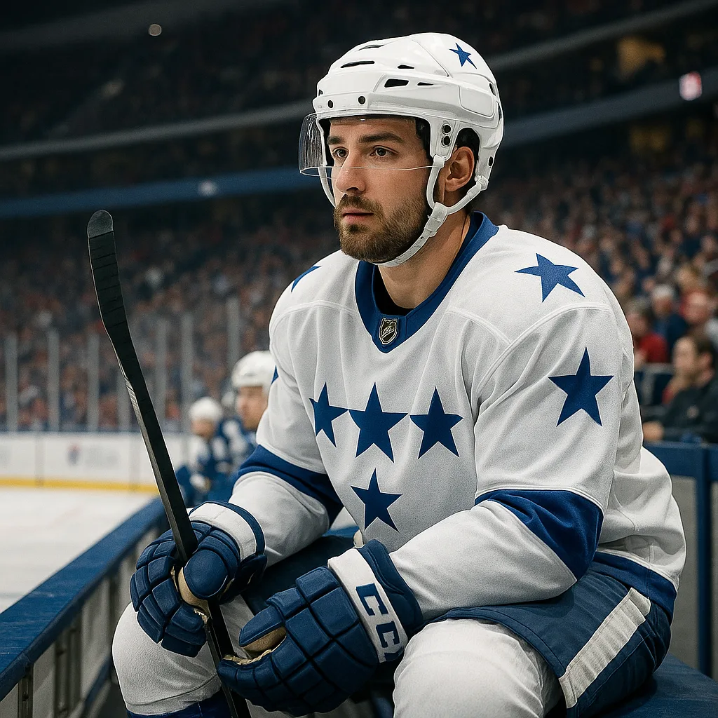 Hockey Player in a White and Blue Uniform with Stars