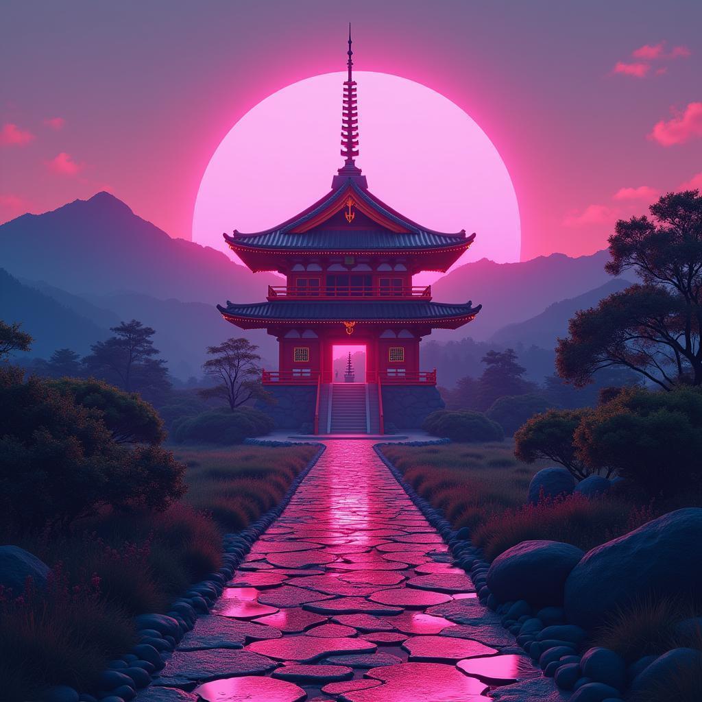 Magenta Neon Temple Against Cyber Mountains