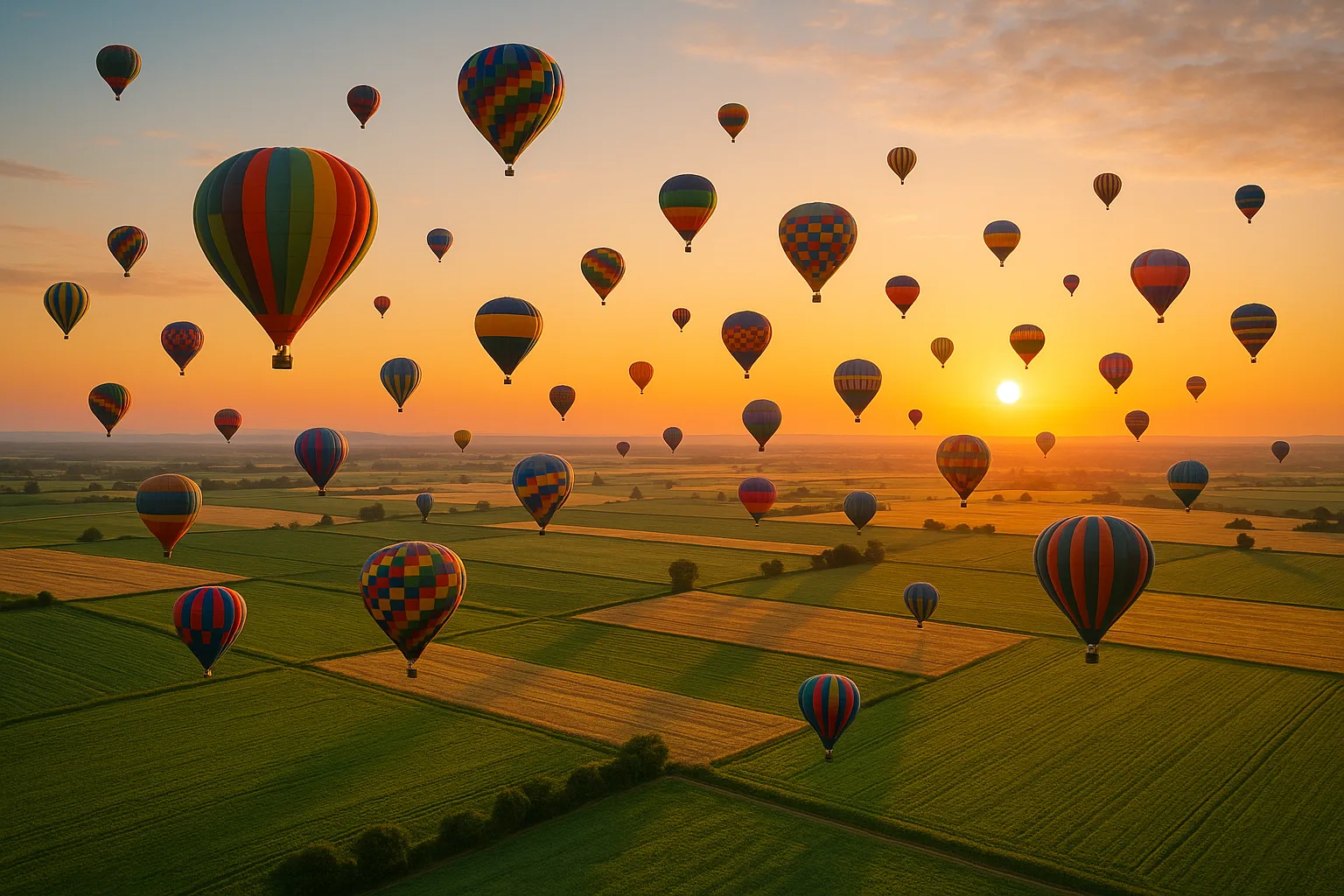 Dozens of Colorful Hot Air Balloons Drift Serenely
