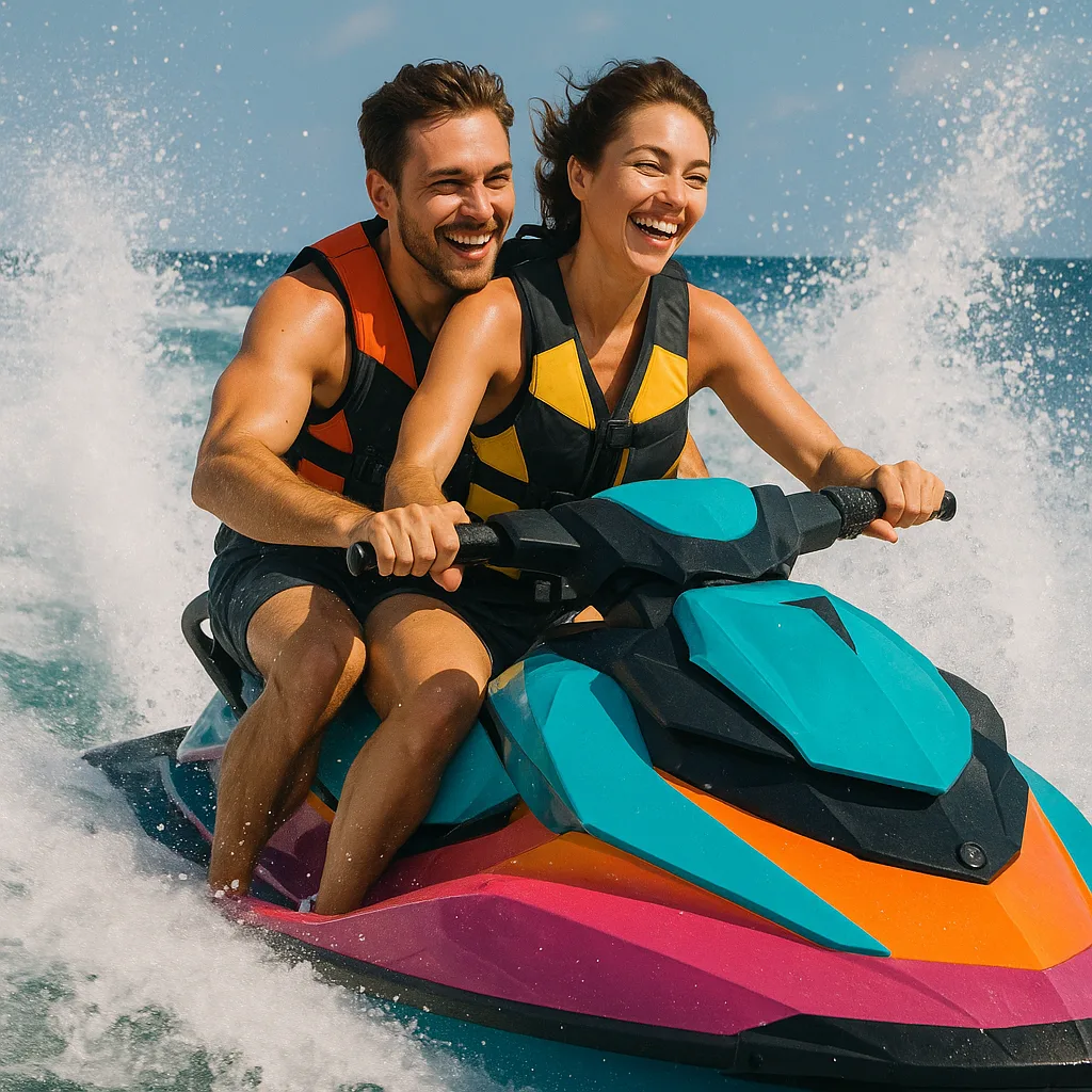 Man and a Woman Riding a Colorful Jet Ski