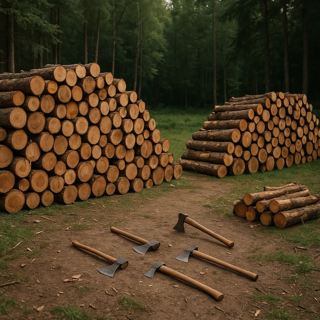 Clearing Surrounded by Stacks of Cut Logs
