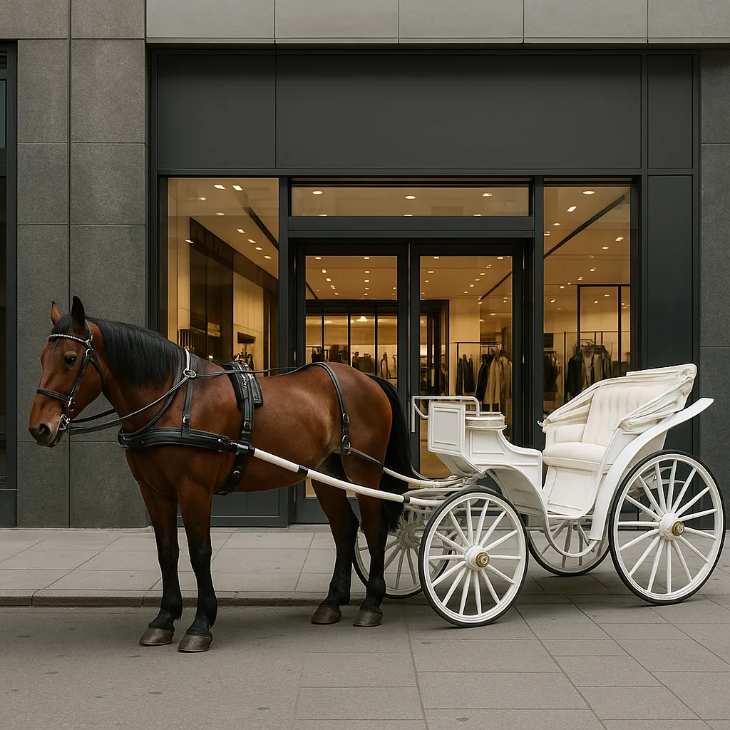 Horse Pulling a White Carriage in Front of a Modern