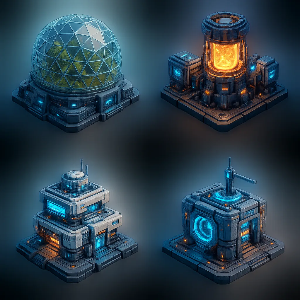 Representations of Various Futuristic Buildings for My Sci-fi Colony Simulation
