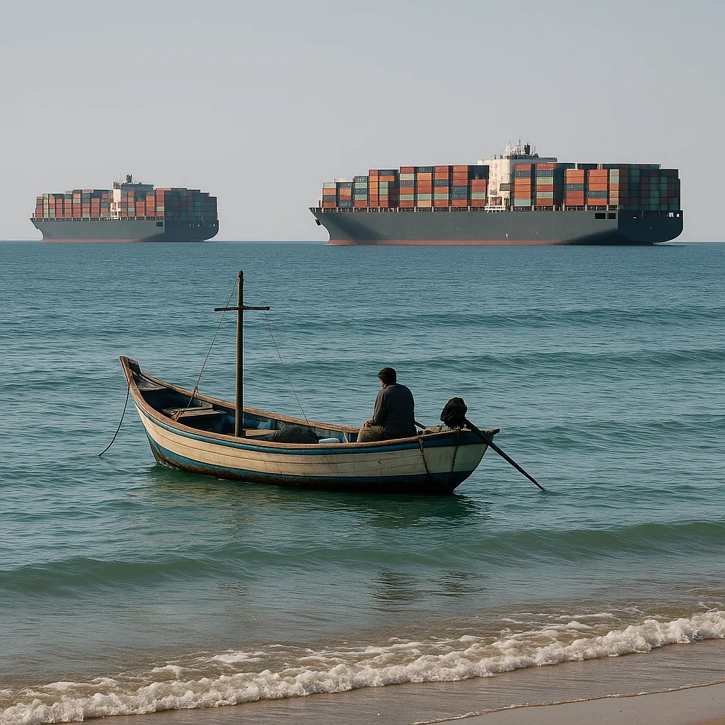 Small Fishing Vessel Close to the Coastline Seeming Bigger Than