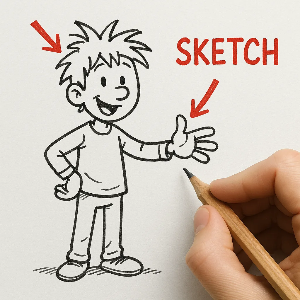 Hand Sketching a Cartoon Figure with Messy Hair