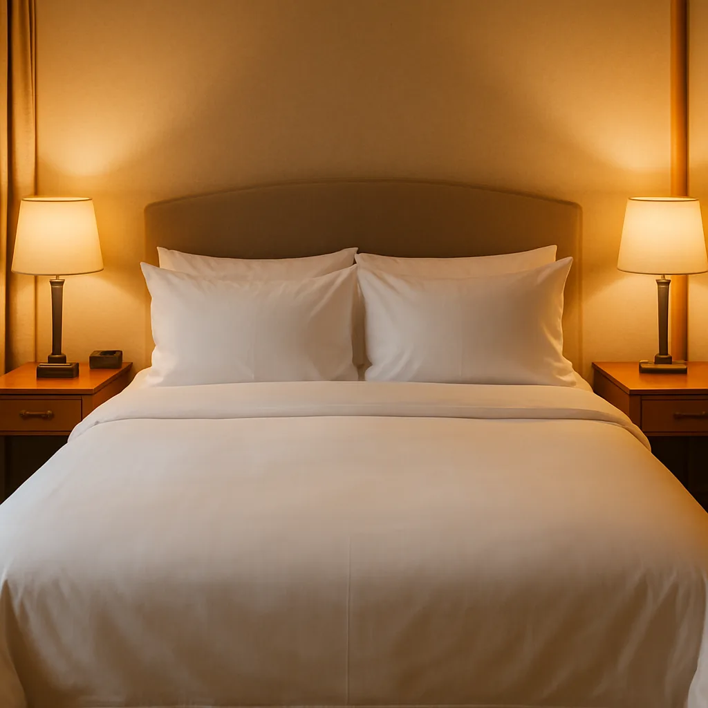 Neatly Made Bed with White Linens and Multiple Pillows