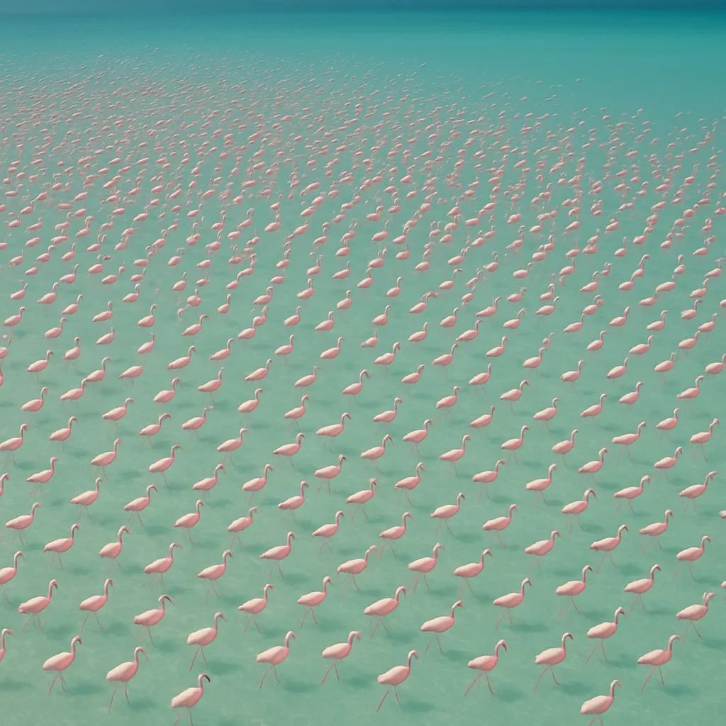 Sprawling Flock of Countless Tiny Pink Flamingos Wades Uniformly