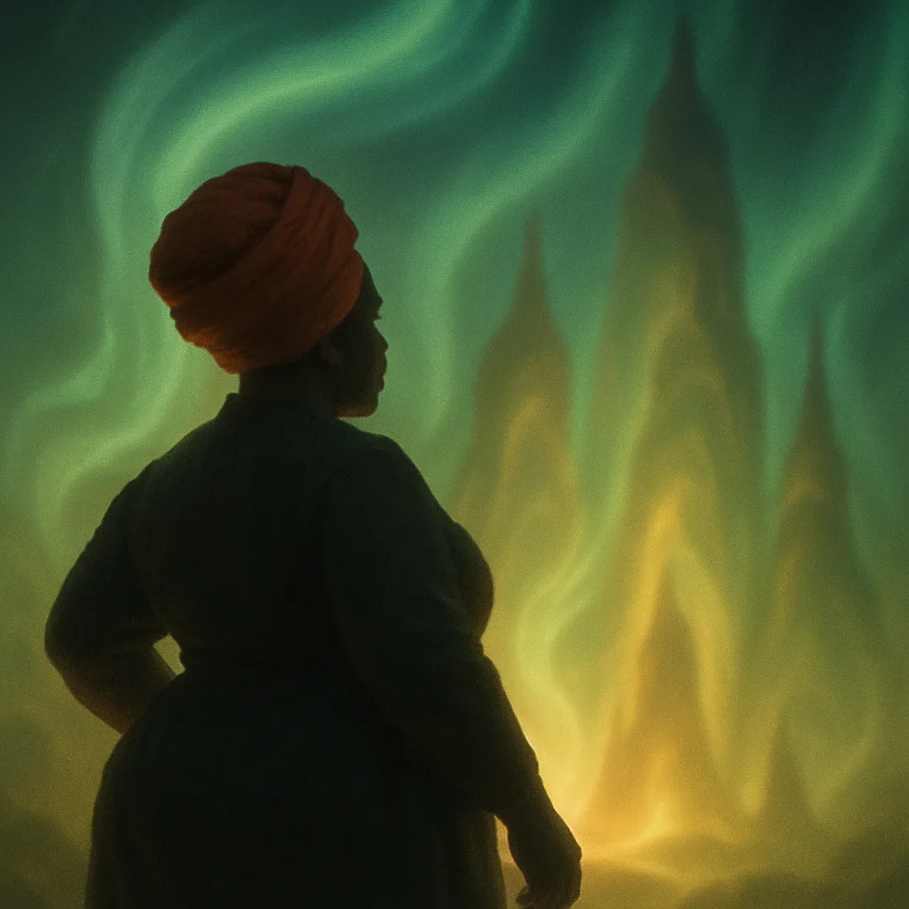 Curvy Statesperson in a Prominent Headwrap Confronts Mystical Structures