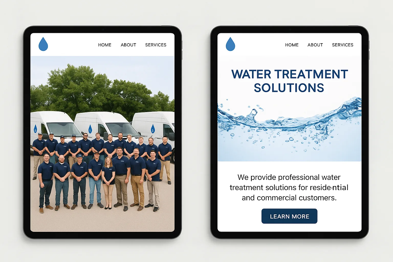 Two Tablet Screens Display a Water Treatment Company's Website