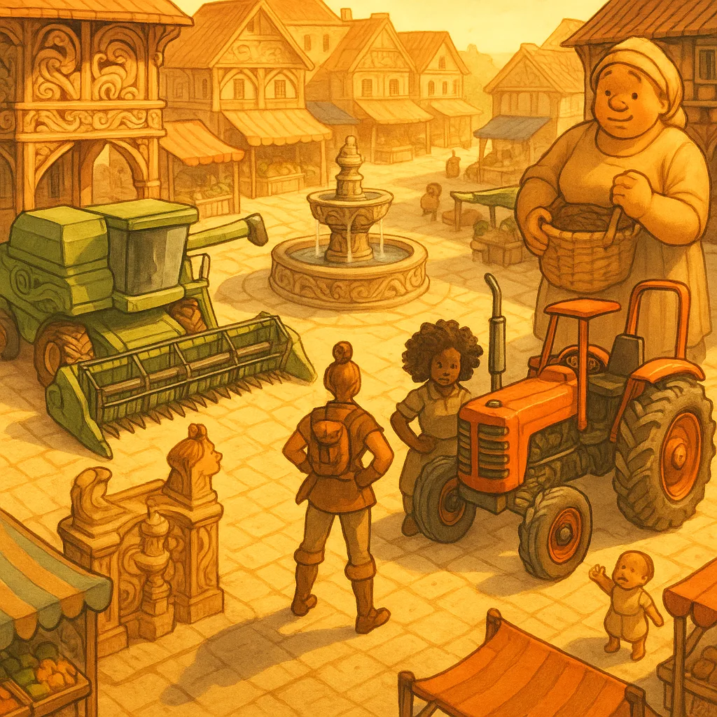 Bustling Village Square with a Central Fountain and Market Stalls