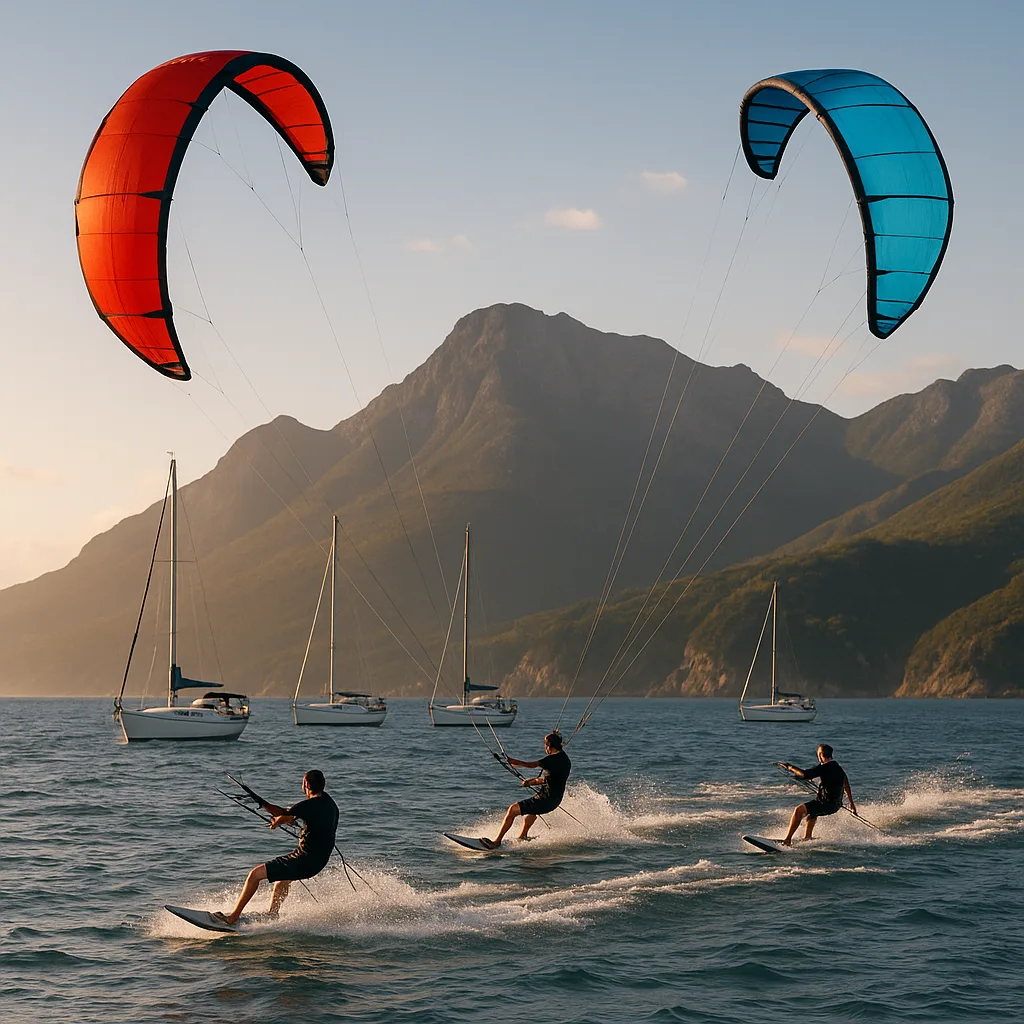 Two Kite Surfers Glide over the Water near Anchored Sailboats