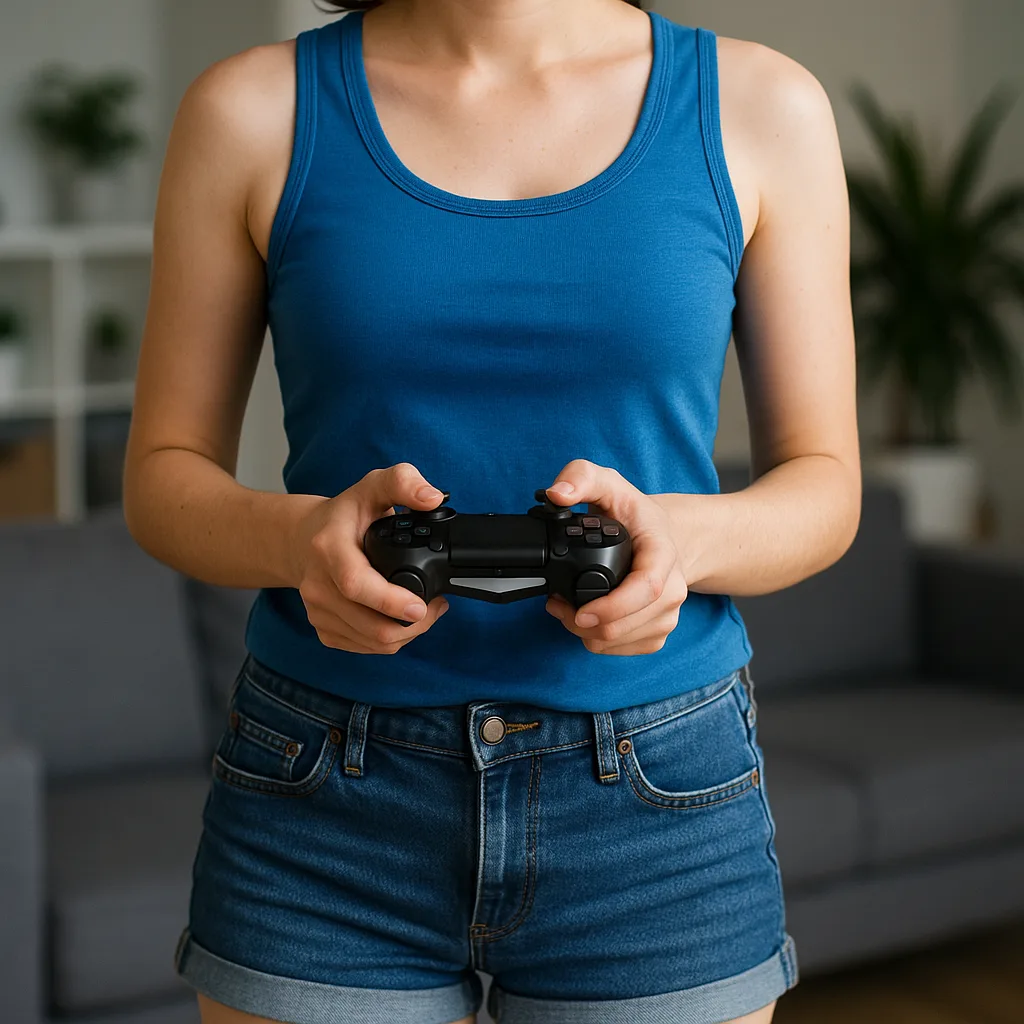 Person Wearing a Blue Tank Top and Denim Shorts Holds