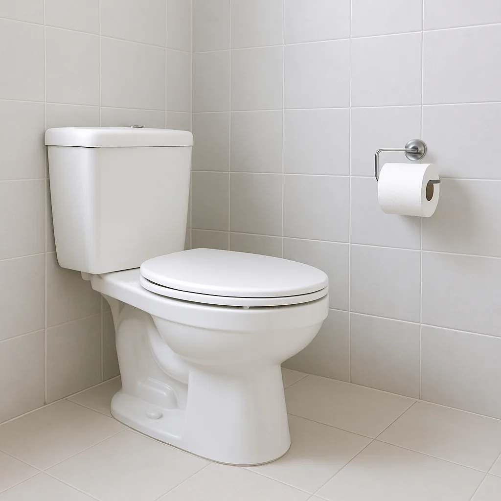 Immaculate Bathroom Showcasing a Pristine White Porcelain Toilet Set
