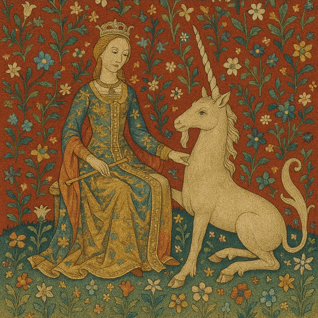 Medieval Tapestry-style Illustration Featuring a Regal Figure