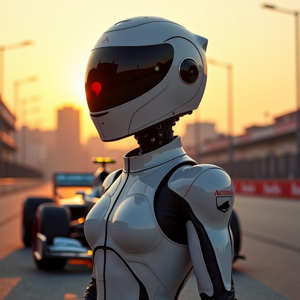 Sleek Robot Beside an F1 Car at Sunset