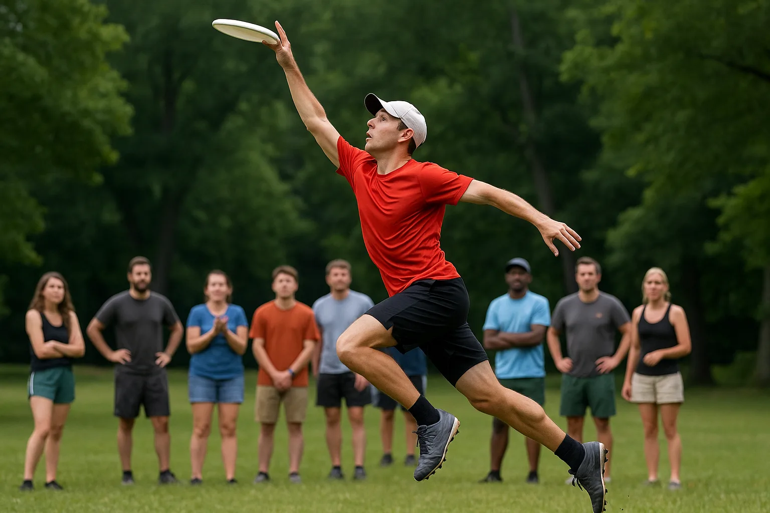 Man in Athletic Wear Leaps to Catch a Flying Disc