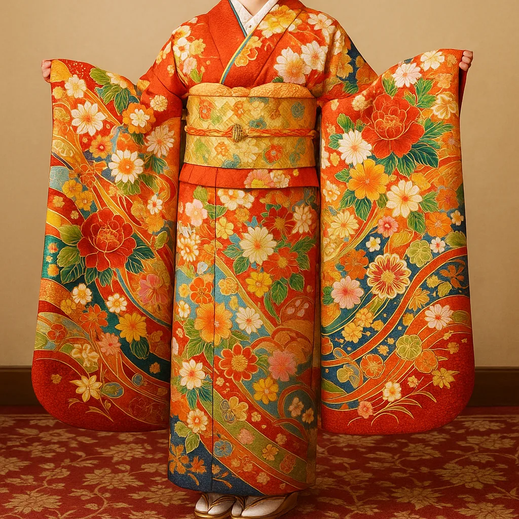 Vividly Designed Japanese Kimono Featuring Elaborate Motifs
