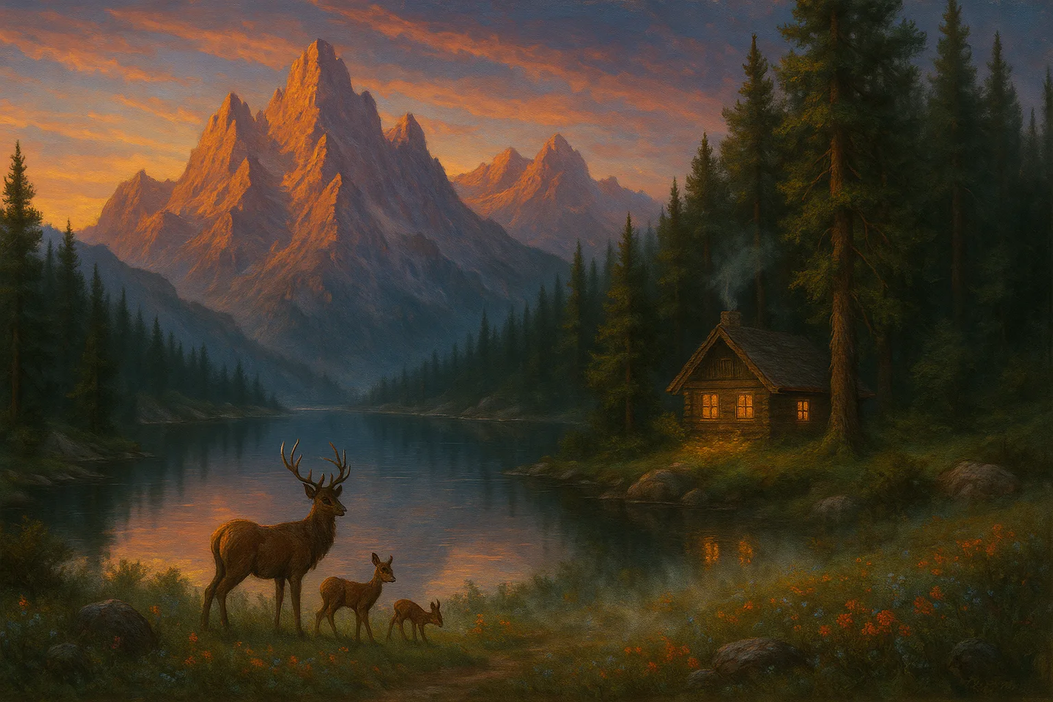 Stunning Artwork Portrays a Peaceful Mountain Scene at Dusk