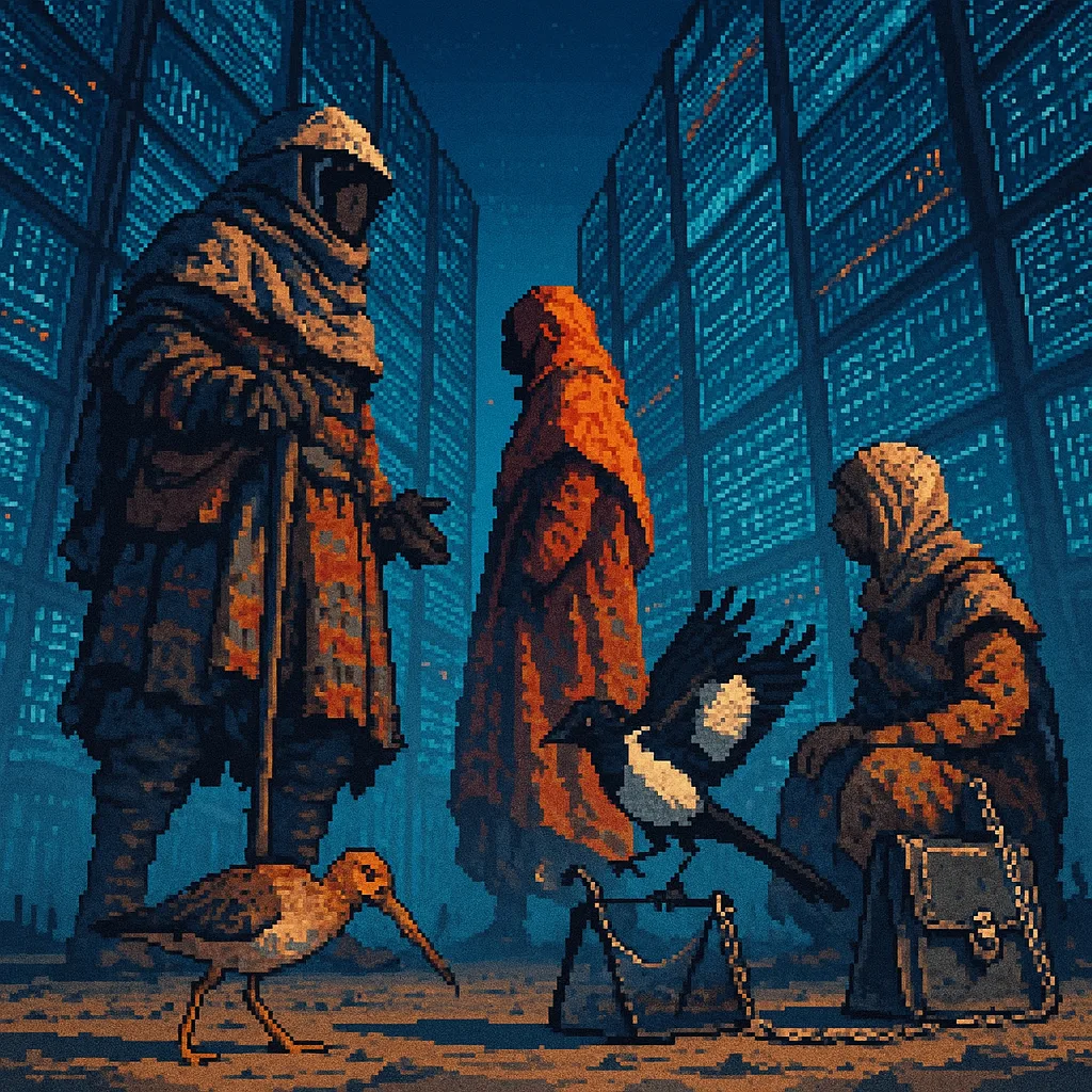 Imposing Pixel-art Figure in Layered Nomadic Textiles