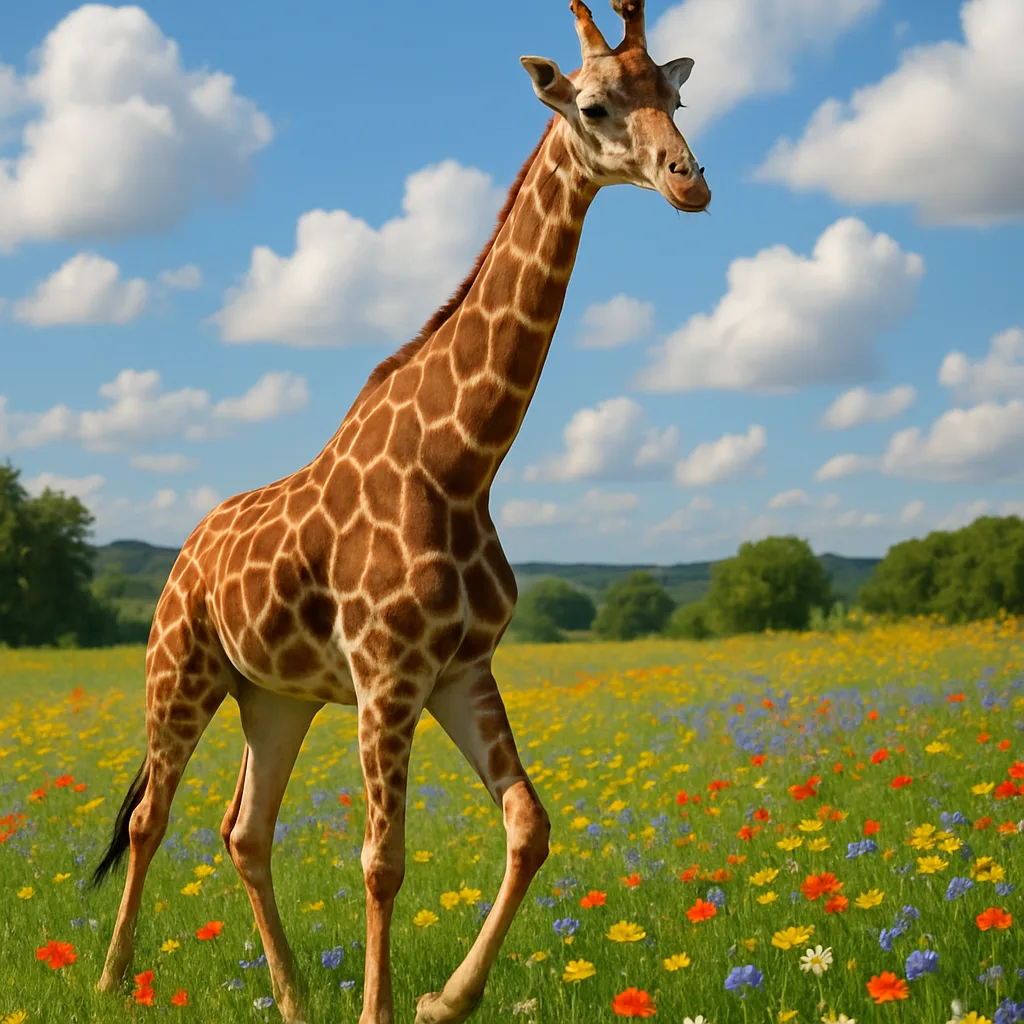 Tall Giraffe Walking Leisurely Across a Colorful Field