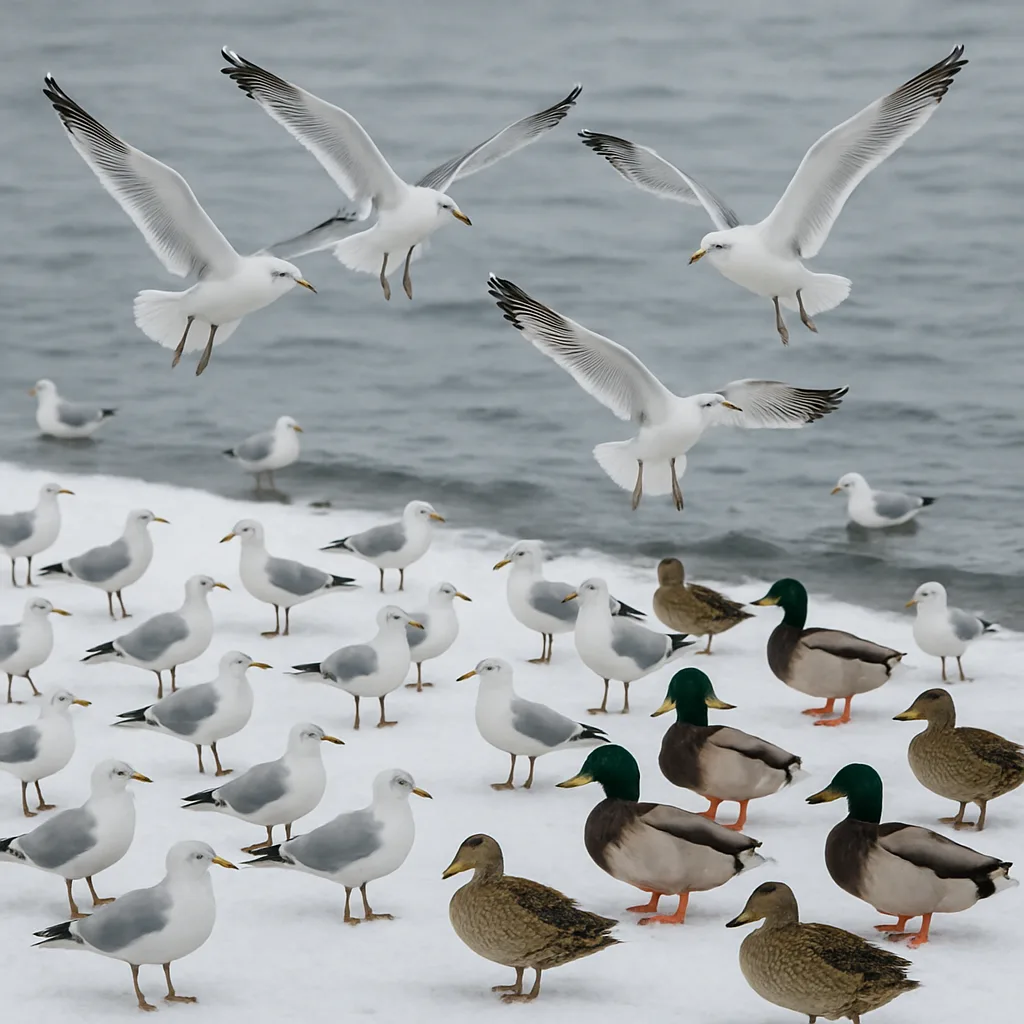 Flock of Seagulls and Ducks Gathered on a Snowy Shoreline