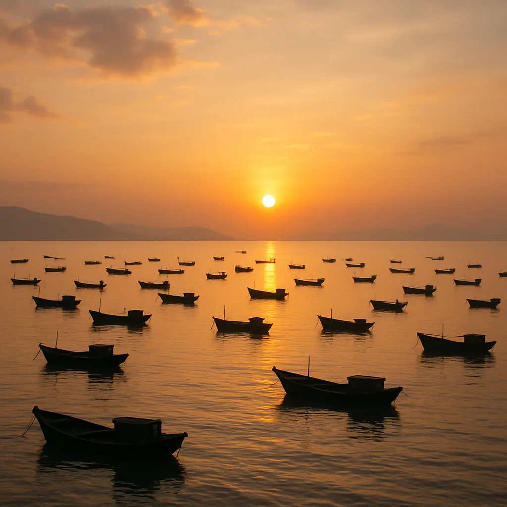 Numerous Small Fishing Boats Are Scattered Across a Vast
