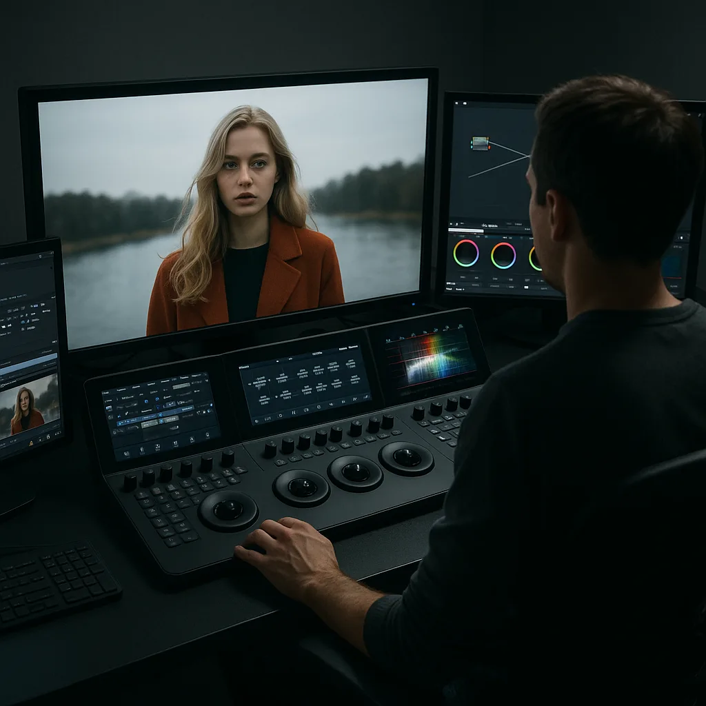 Person Sits at a Professional Editing Workstation