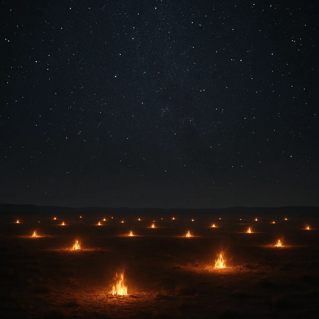 Many Distant Bonfires Flicker Like Scattered Embers Across a Vast