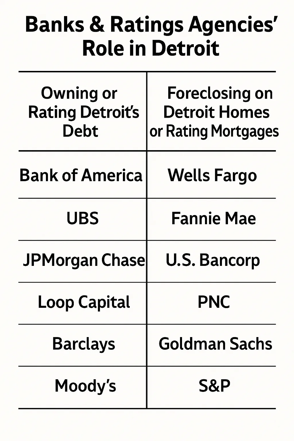 Chart Titled "Banks & Ratings Agencies Role in Detroit" Lists