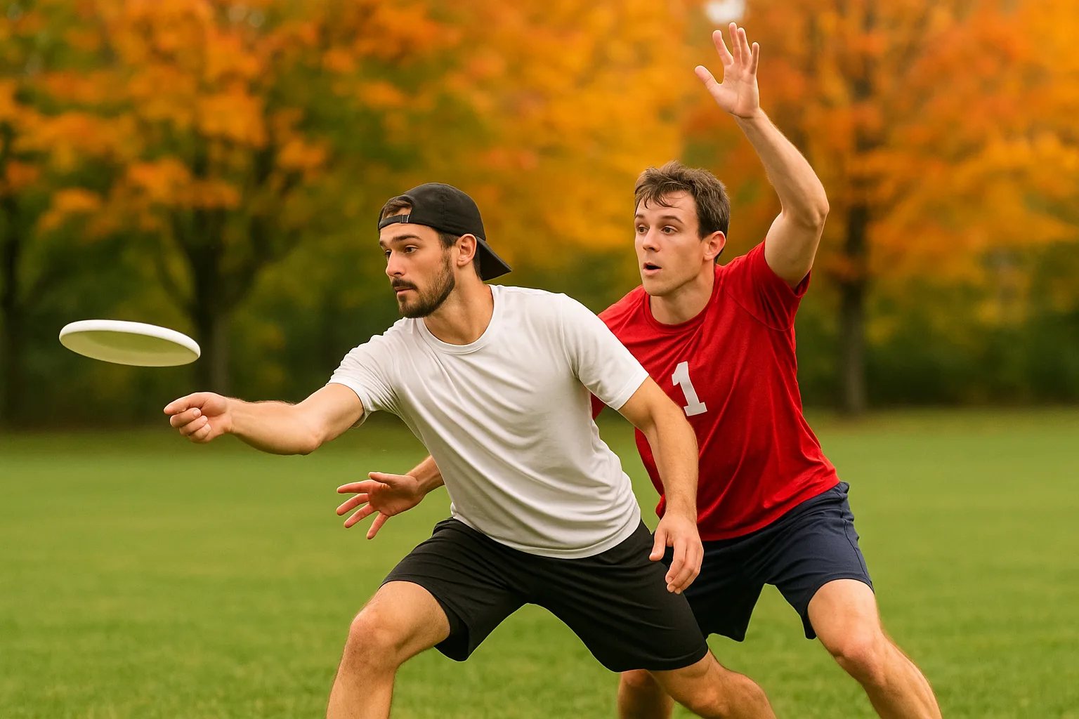 Two Individuals Actively Playing Ultimate Frisbee on a Grassy Field