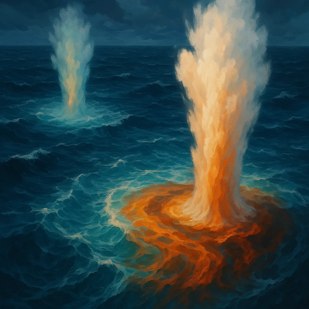 Two Diverse Geysers Erupt from a Stormy Sea