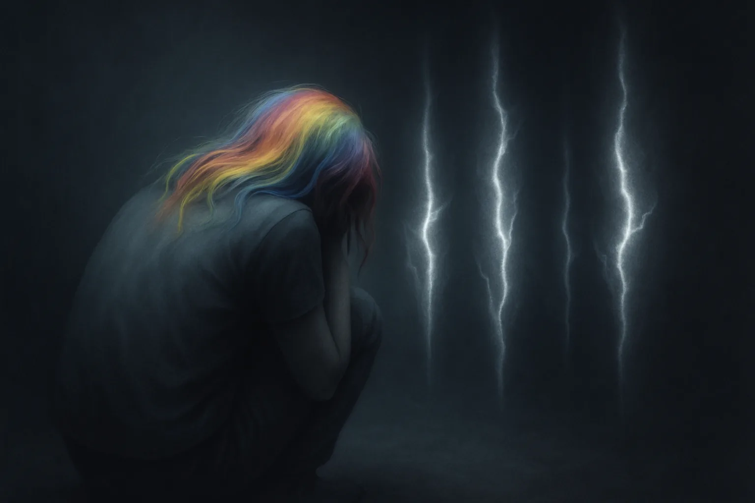 Cowering Figure with Rainbow-streaked Hair