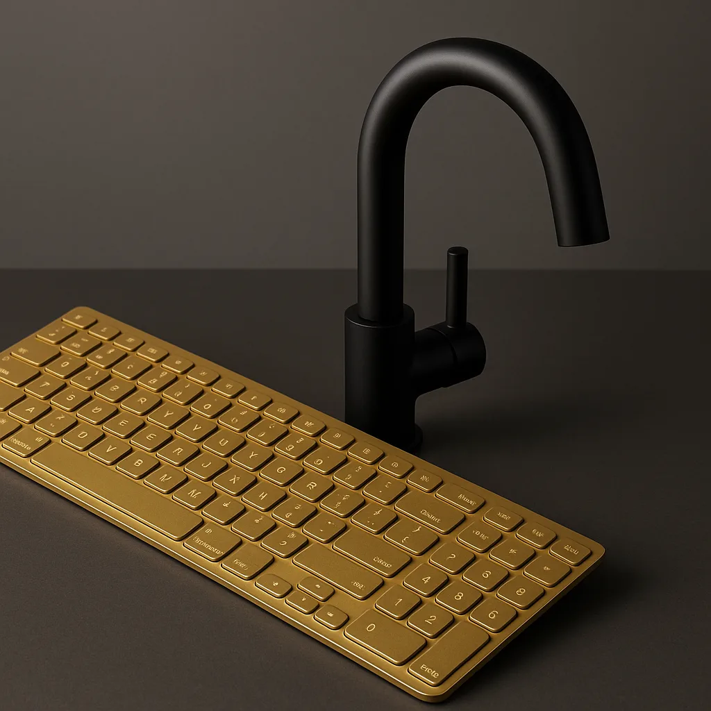 Computer Keyboard in a Gold Hue Placed Beside a Faucet