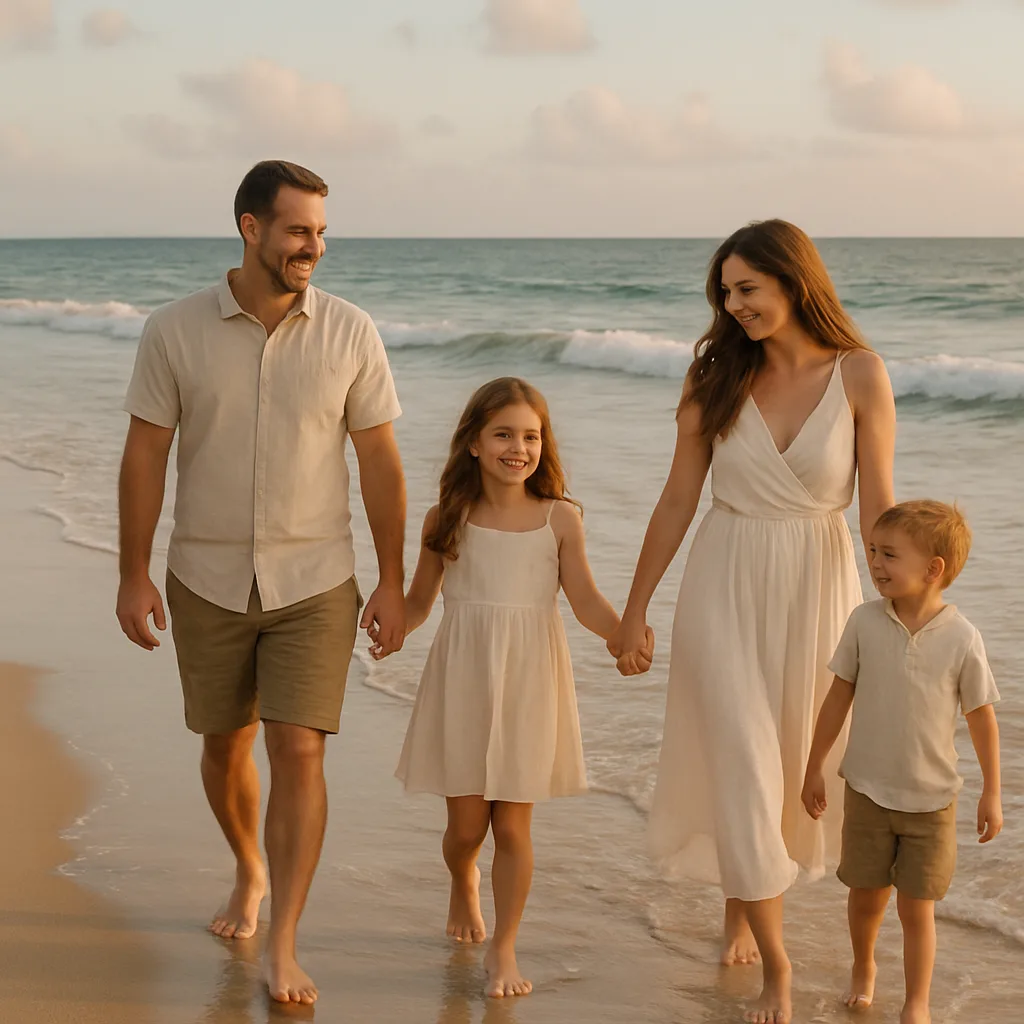 Group of Four Family Members Walking Together by the Water's