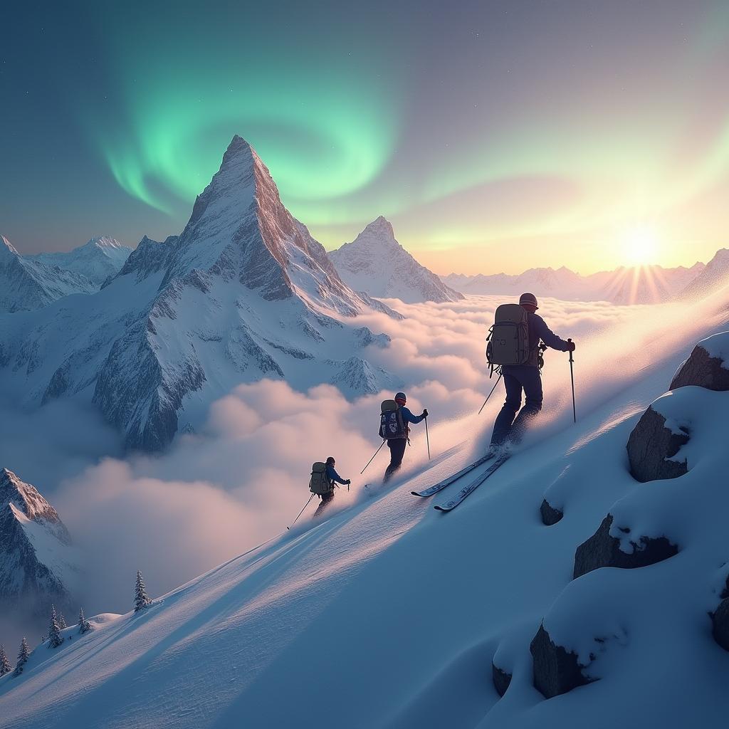 Epic Skiers Ascending Otherworldly Peaks
