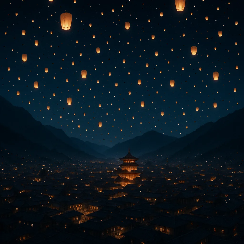 Myriad Tiny Lanterns Float Upwards into a Dark Night Sky