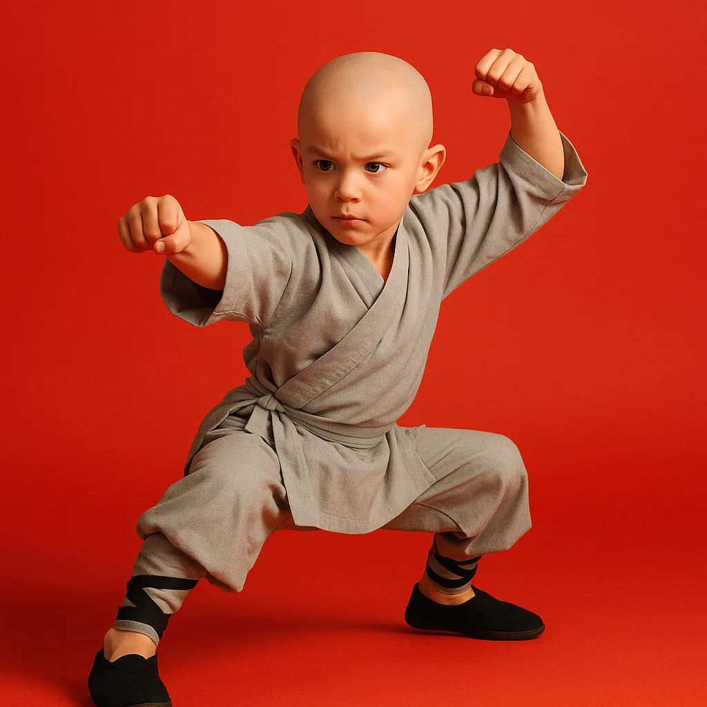 Bald Young Boy Dressed in Martial Arts Attire Performs