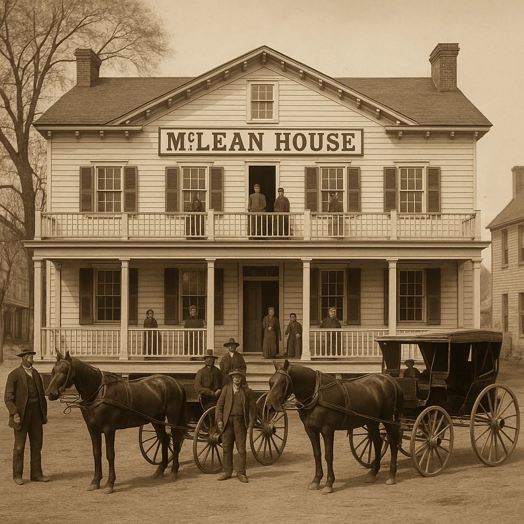 Historic Two-story Hotel Labeled "McLean House," Featuring People