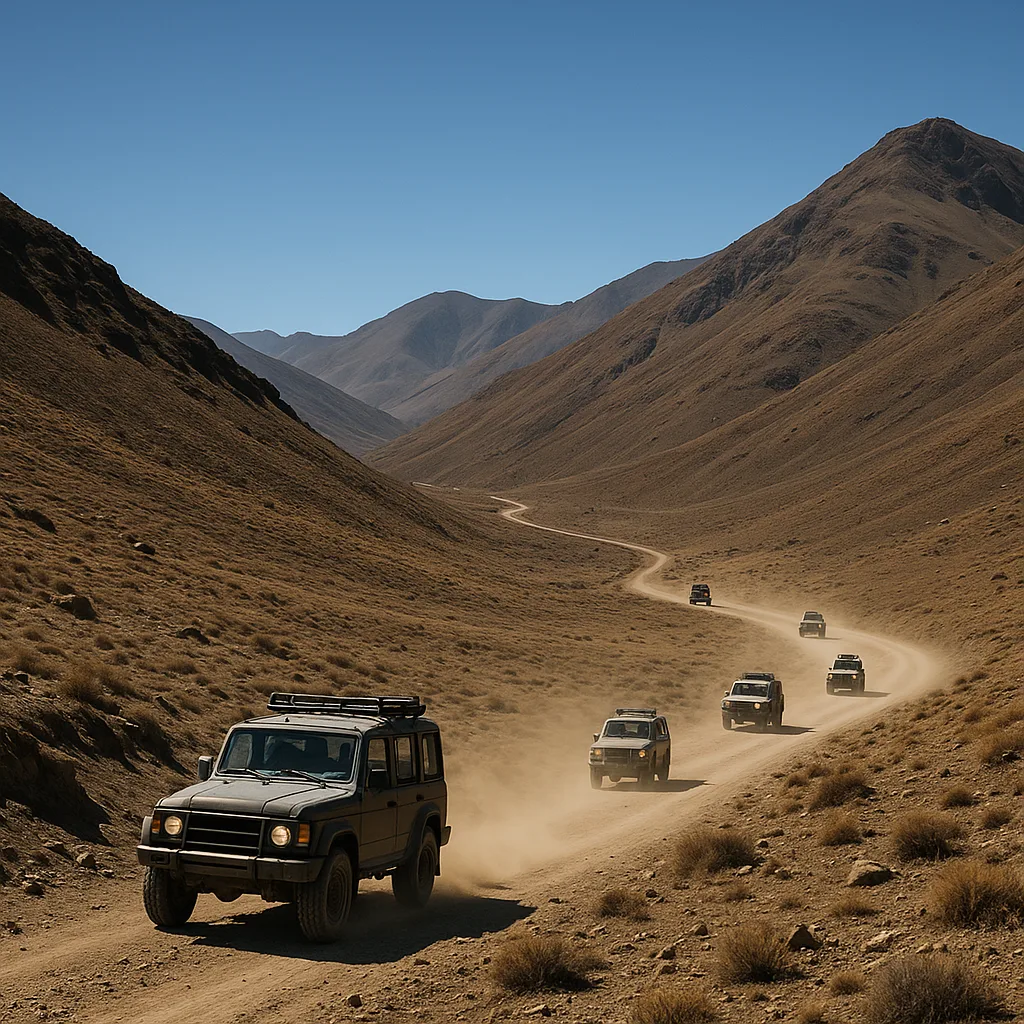 Small Convoy of Rugged Vehicles Kicks Up Dust Trails