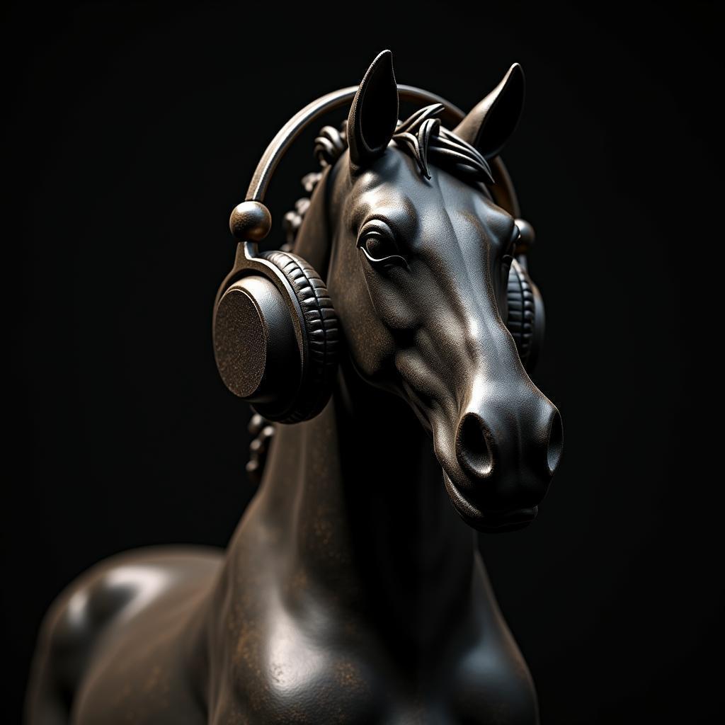 Headphones Crowning a Horse Statue