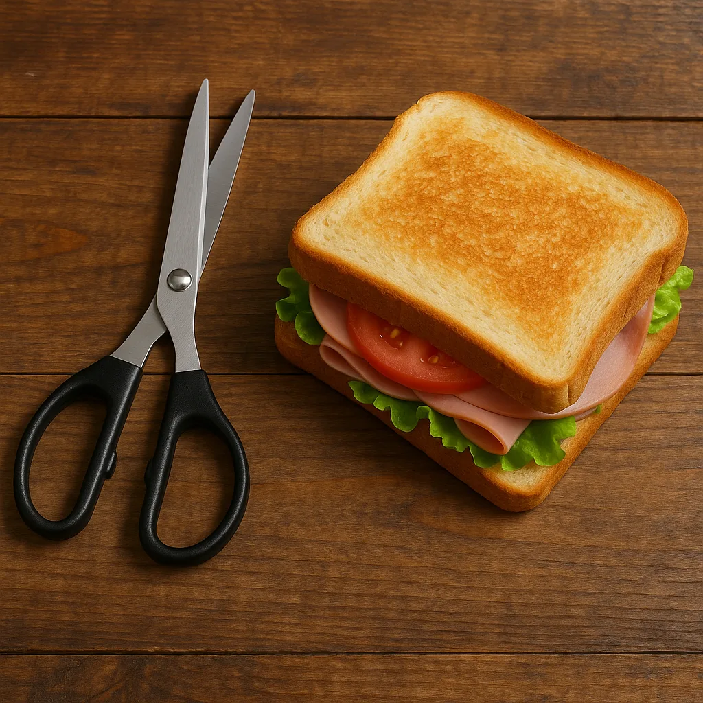 Sandwich Positioned Beside a Pair of Scissors on a Wooden