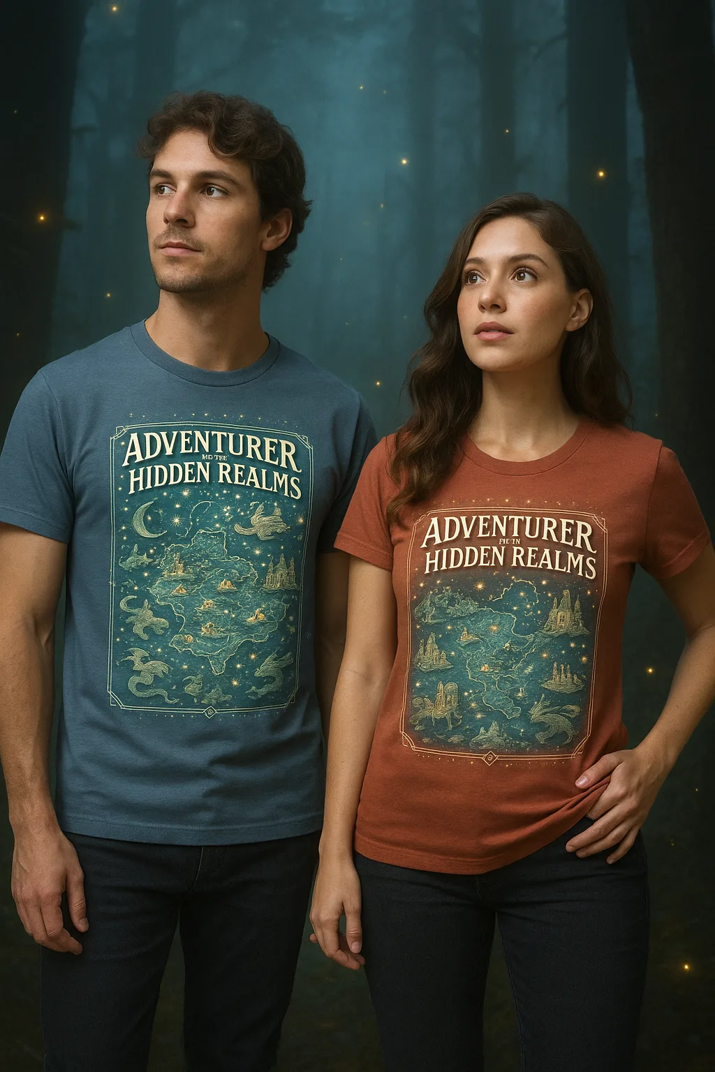Imaginative T-shirt Design Showcasing the Phrase "Adventurer of Hidden Realms,"