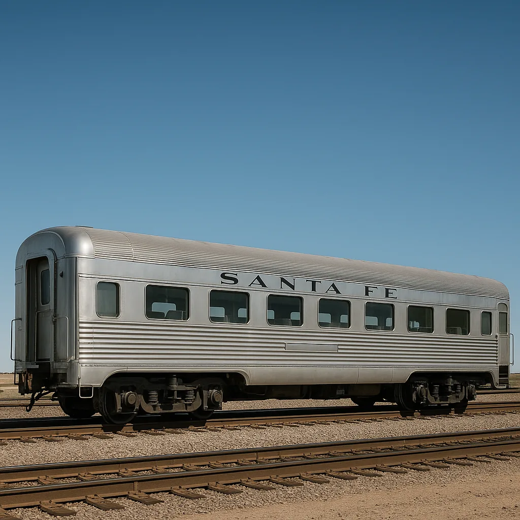 Vintage Silver Train Passenger Car Marked "Santa Fe" Sits