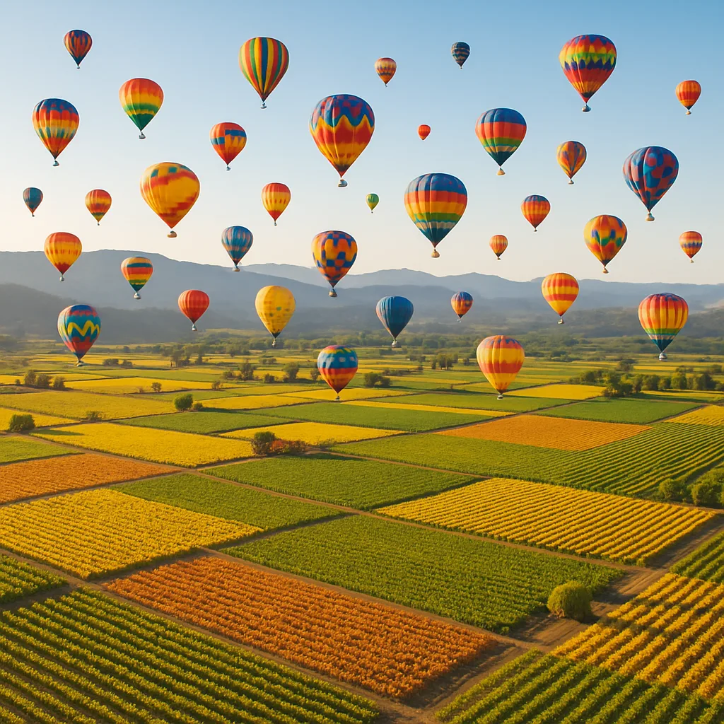 Dozens of Brightly Colored Hot Air Balloons Drift Serenely